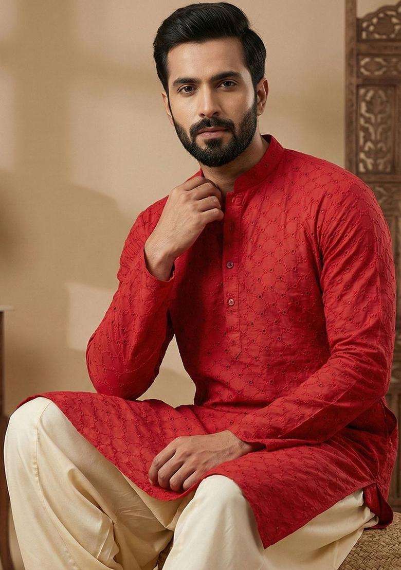 Red Embroidered Cotton Kurta Set For Men - Indya