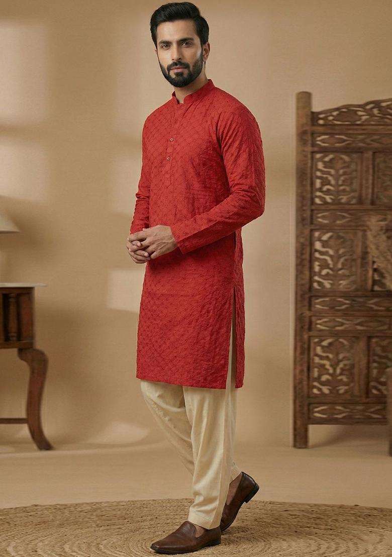 Red Embroidered Cotton Kurta Set For Men - Indya