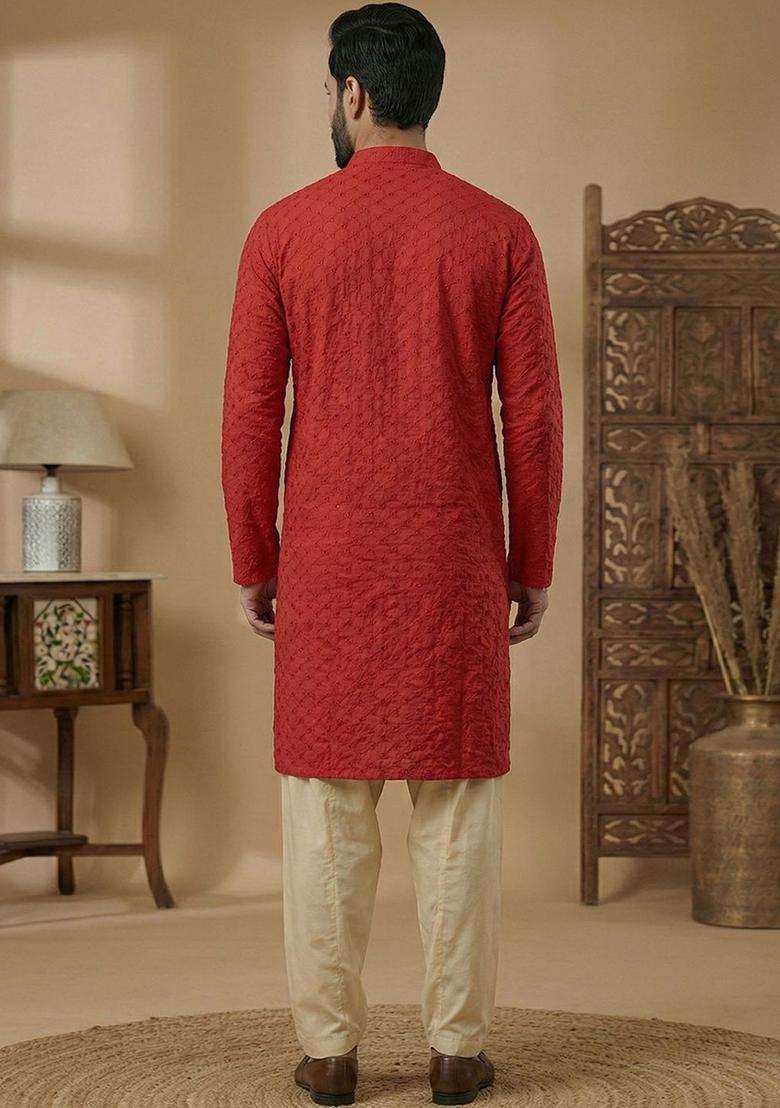Red Embroidered Cotton Kurta Set For Men - Indya
