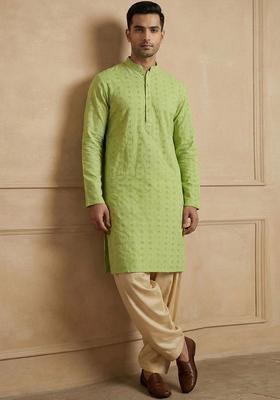 Lime Green Embroidered Cotton Kurta Set For Men