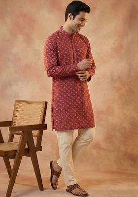 Maroon Printed Cotton Kurta Set For Men