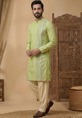 Lime Green Embroidered Silk Kurta Set For Men