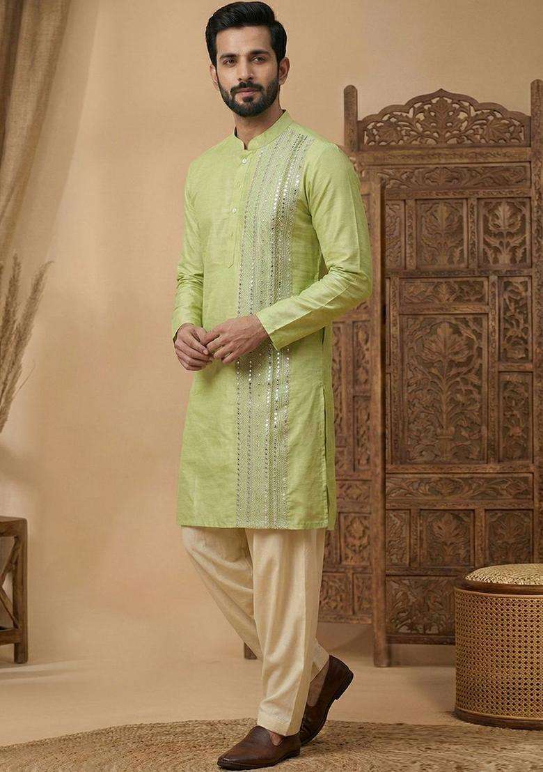 Lime Green Embroidered Silk Kurta Set For Men - Indya