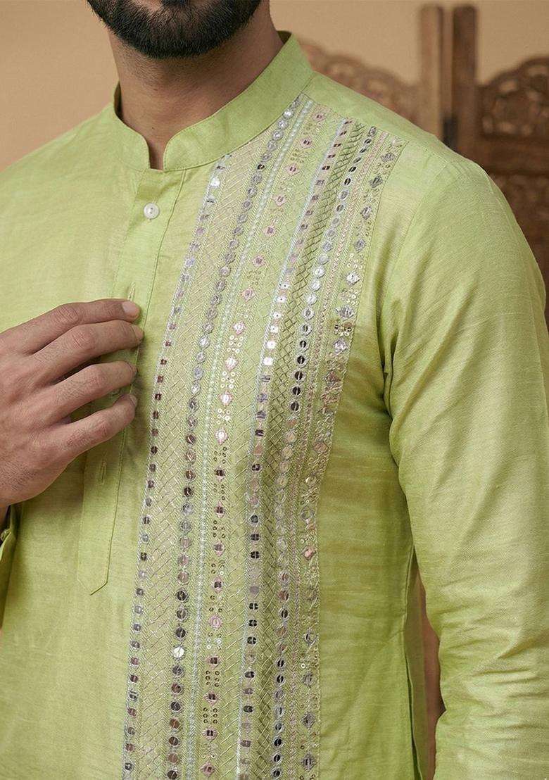 Lime Green Embroidered Silk Kurta Set For Men - Indya