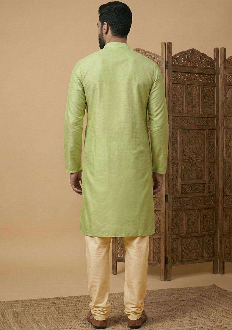 Lime Green Embroidered Silk Kurta Set For Men - Indya