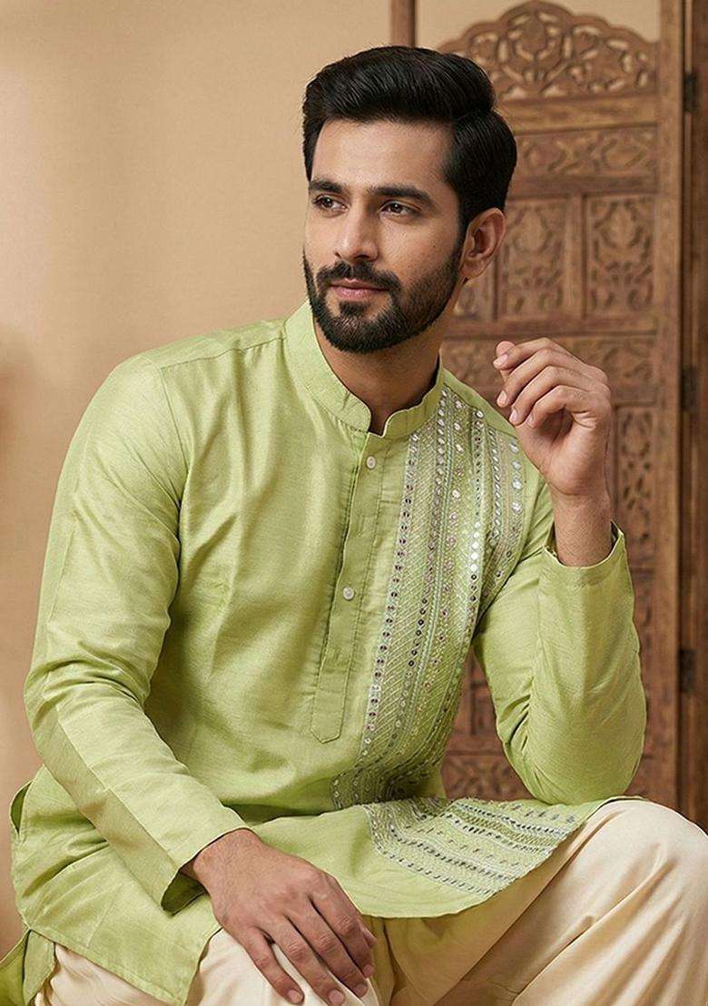 Lime Green Embroidered Silk Kurta Set For Men - Indya