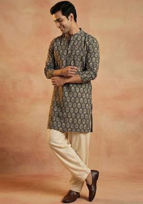 Brown Printed Cotton Kurta Set For Men