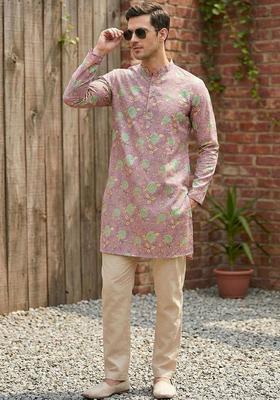 Purple Printed Cotton Kurta Set For Men