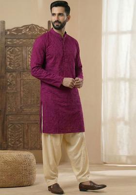 Purple Embroidered Cotton Kurta Set For Men