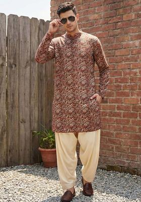 Brown Printed Cotton Kurta Set For Men