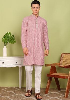 Pink Embroidered Cotton Kurta Set For Men