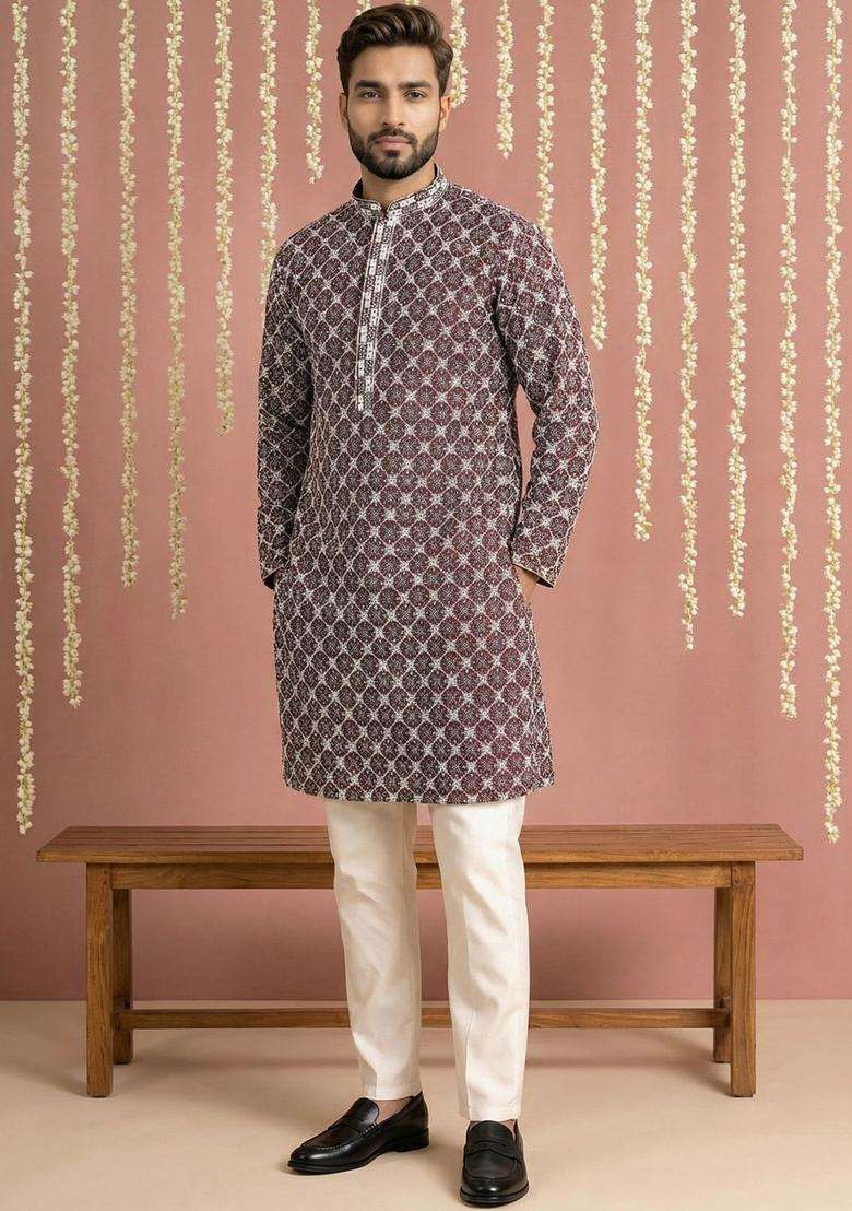 Maroon Printed Viscose Kurta Set For Men - Indya