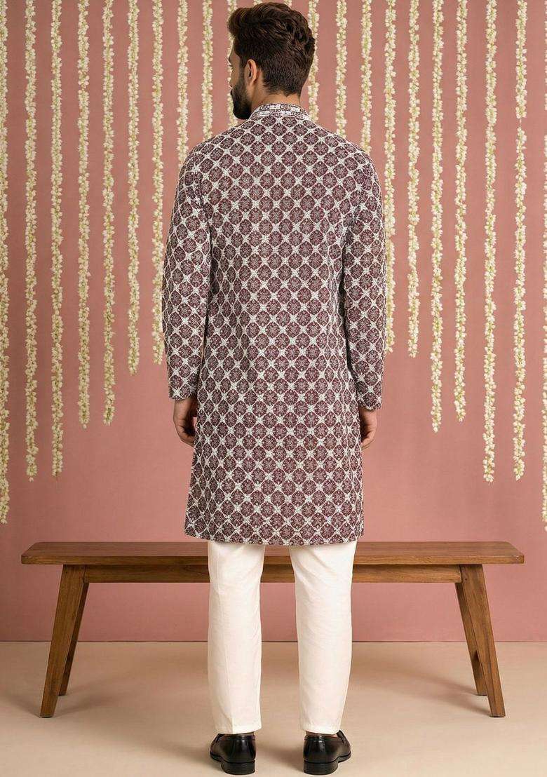 Maroon Printed Viscose Kurta Set For Men - Indya