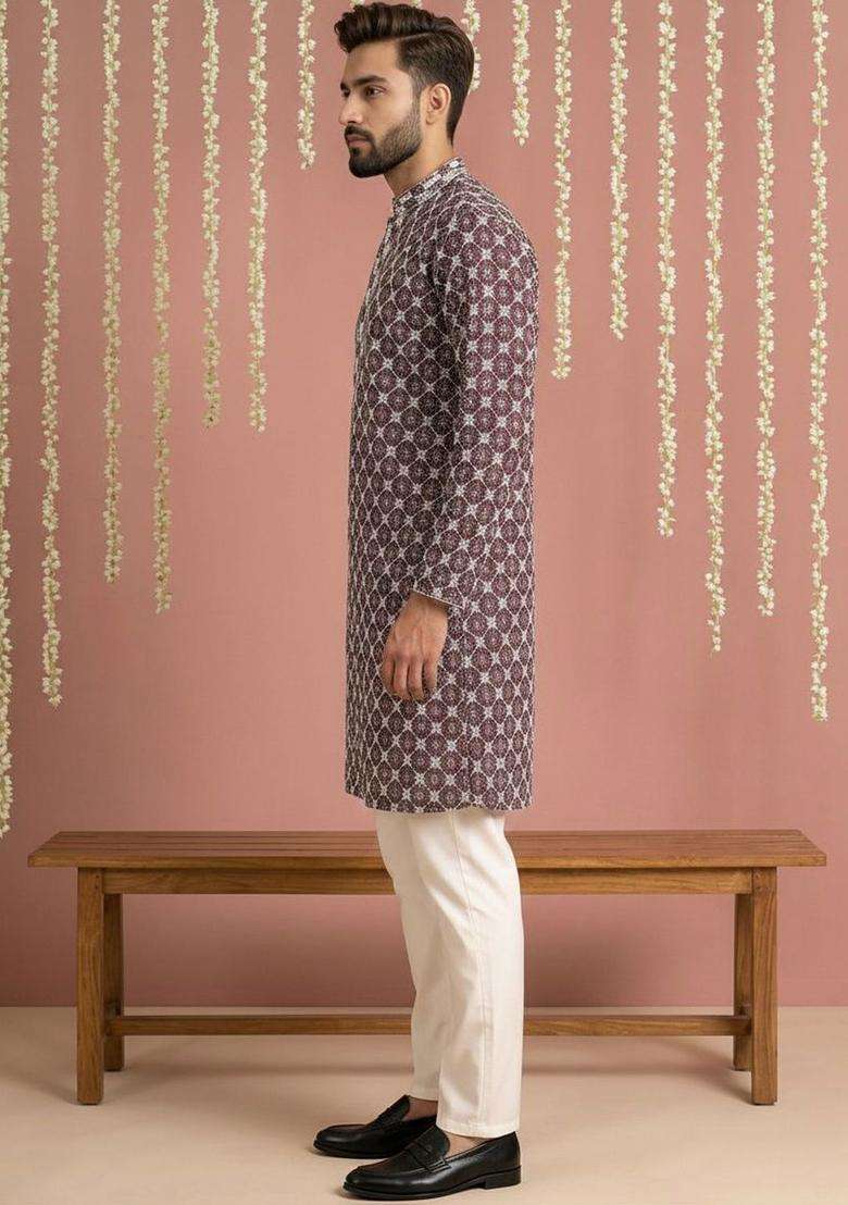 Maroon Printed Viscose Kurta Set For Men - Indya