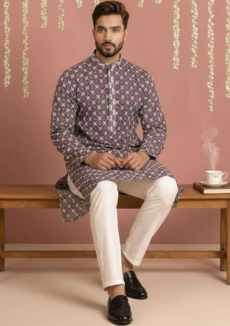 Maroon Printed Viscose Kurta Set For Men - Indya