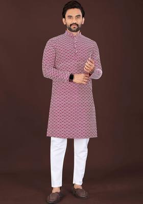 Maroon Printed Silk Kurta Set For Men