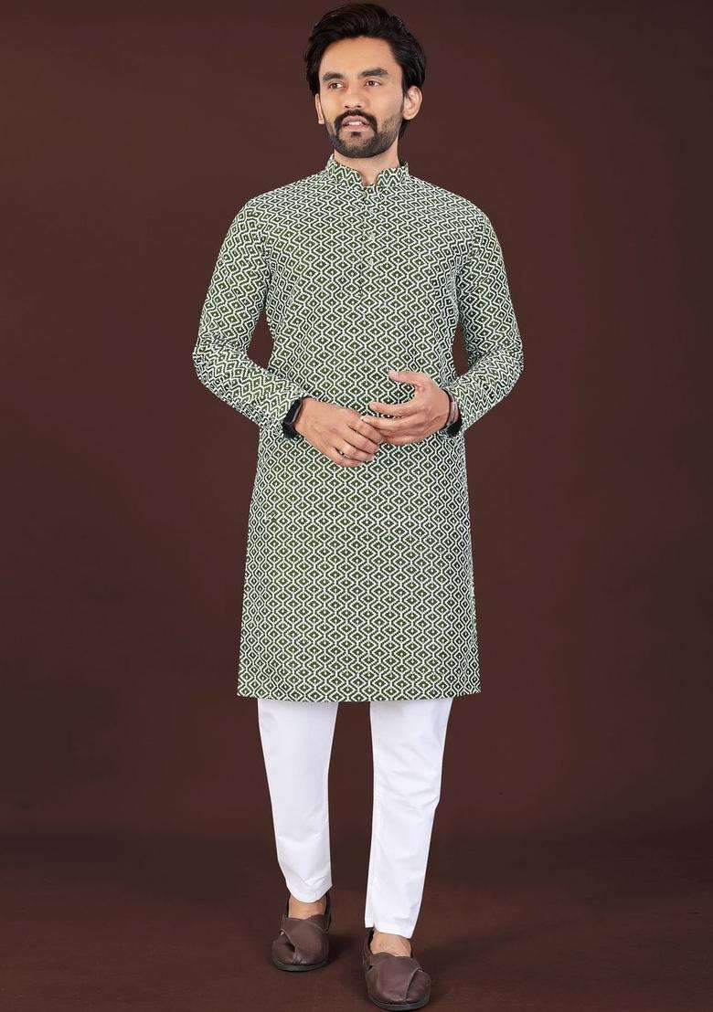 Olive Printed Silk Blend Kurta Set For Men - Indya