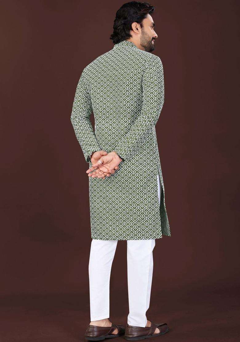 Olive Printed Silk Blend Kurta Set For Men - Indya
