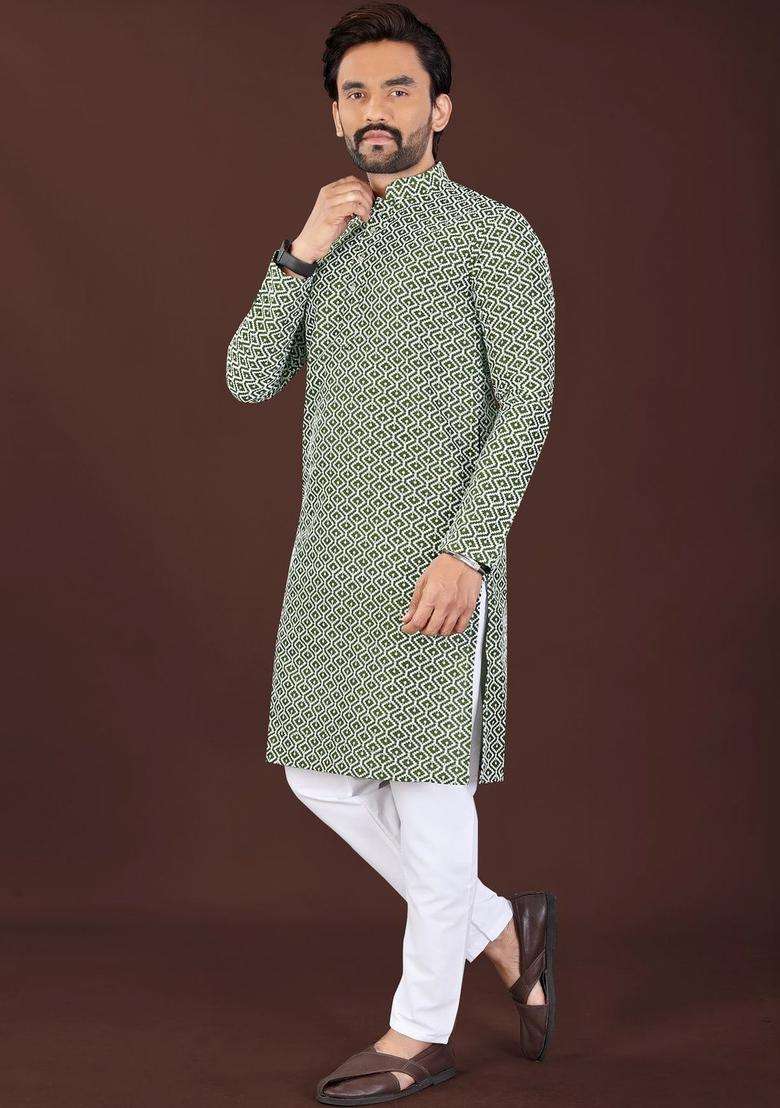 Olive Printed Silk Blend Kurta Set For Men - Indya
