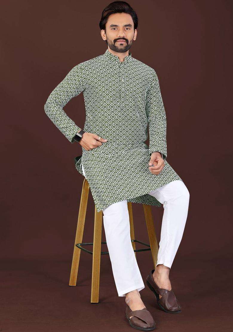 Olive Printed Silk Blend Kurta Set For Men - Indya