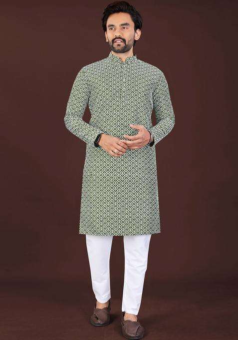 Olive Printed Silk Blend Kurta Set For Men