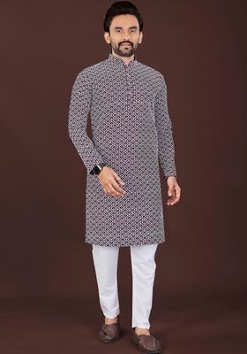 Maroon Printed Silk Kurta Set For Men
