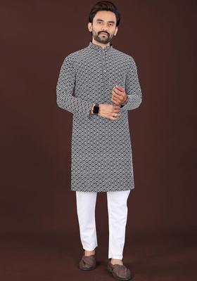 Black Printed Silk Kurta Set For Men