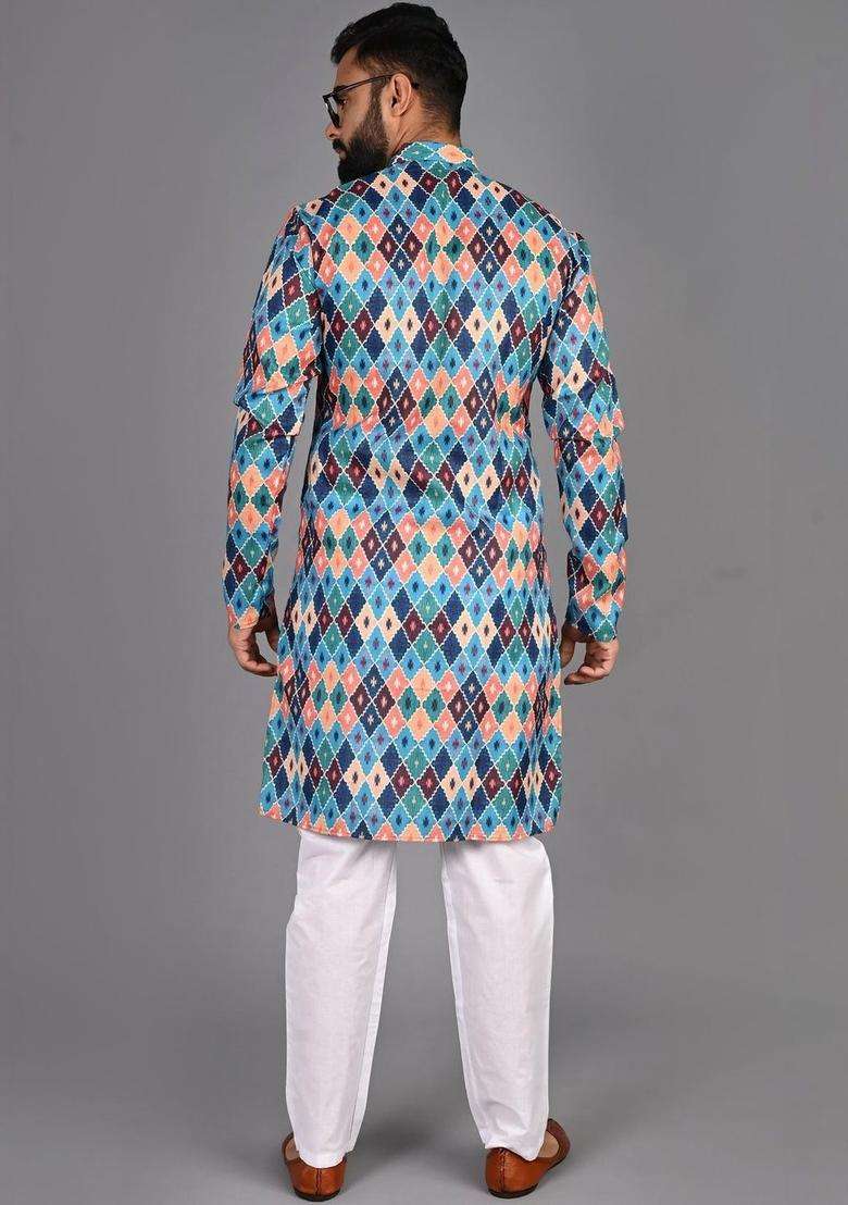 Multi Printed Cotton Kurta Set For Men - Indya