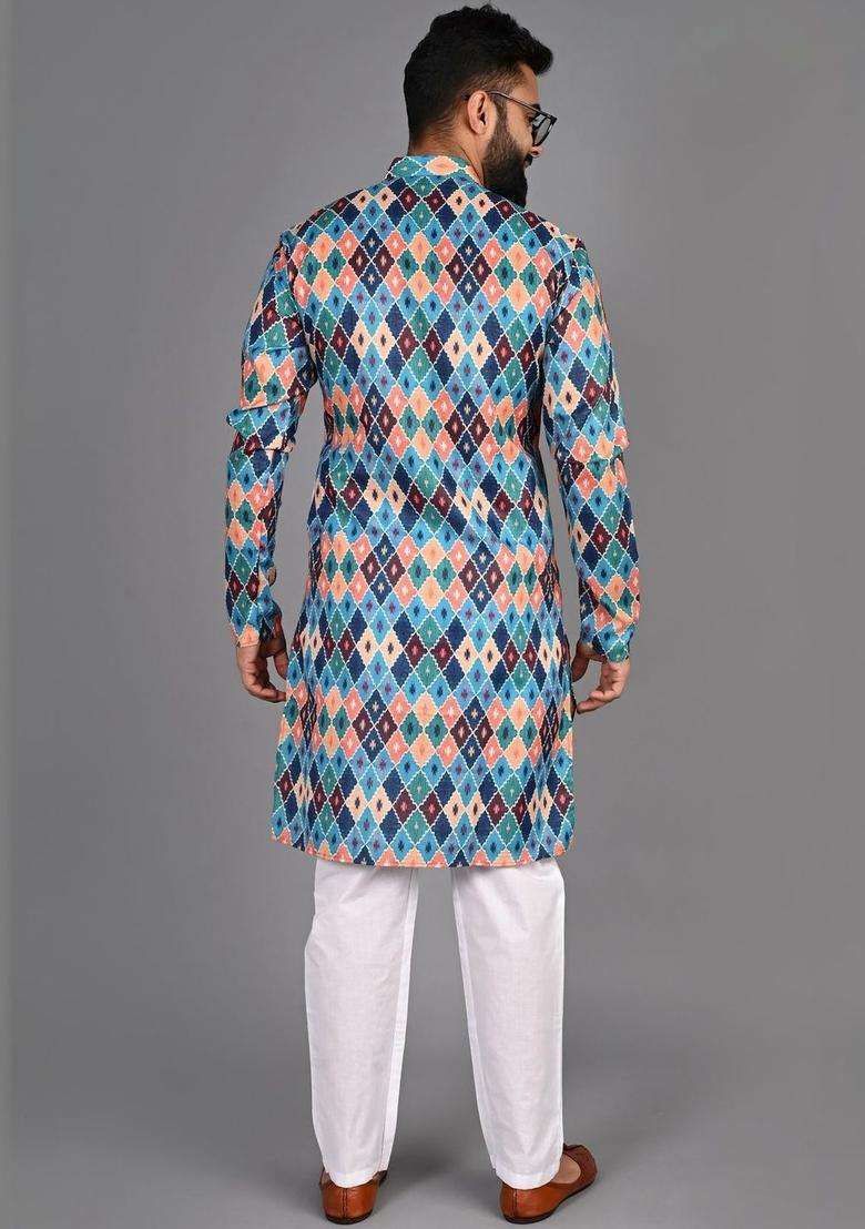 Multi Printed Cotton Kurta Set For Men - Indya