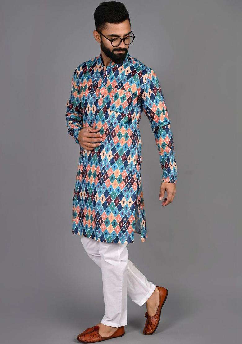 Multi Printed Cotton Kurta Set For Men - Indya