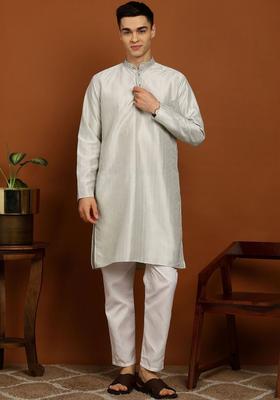 Grey Woven Design Silk Kurta Set For Men