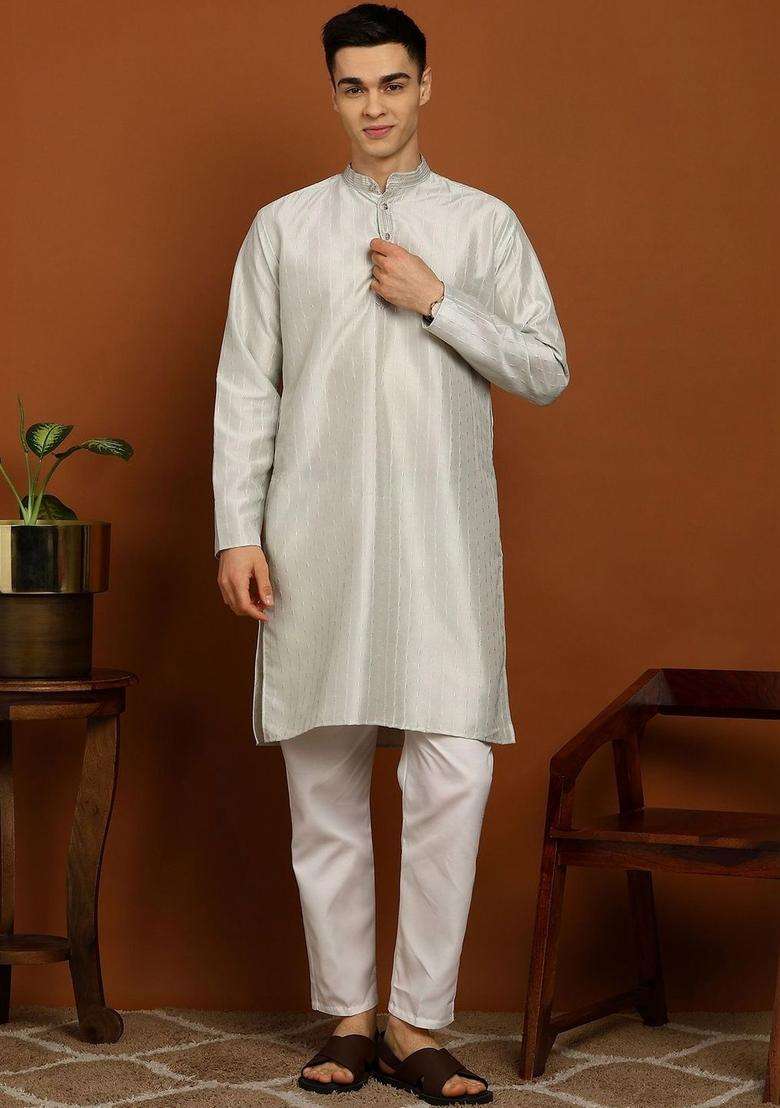 Grey Woven Design Silk Blend Kurta Set For Men - Indya