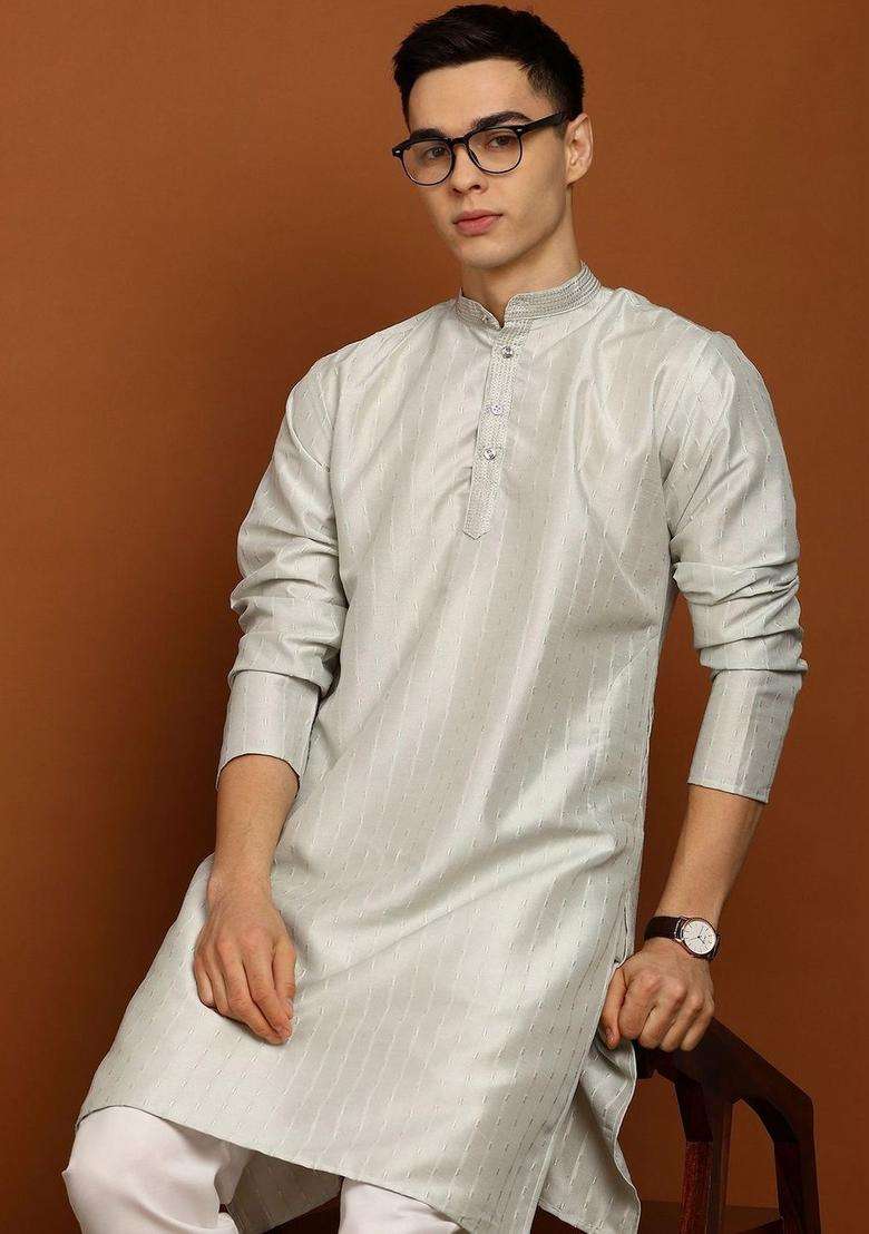 Grey Woven Design Silk Blend Kurta Set For Men - Indya