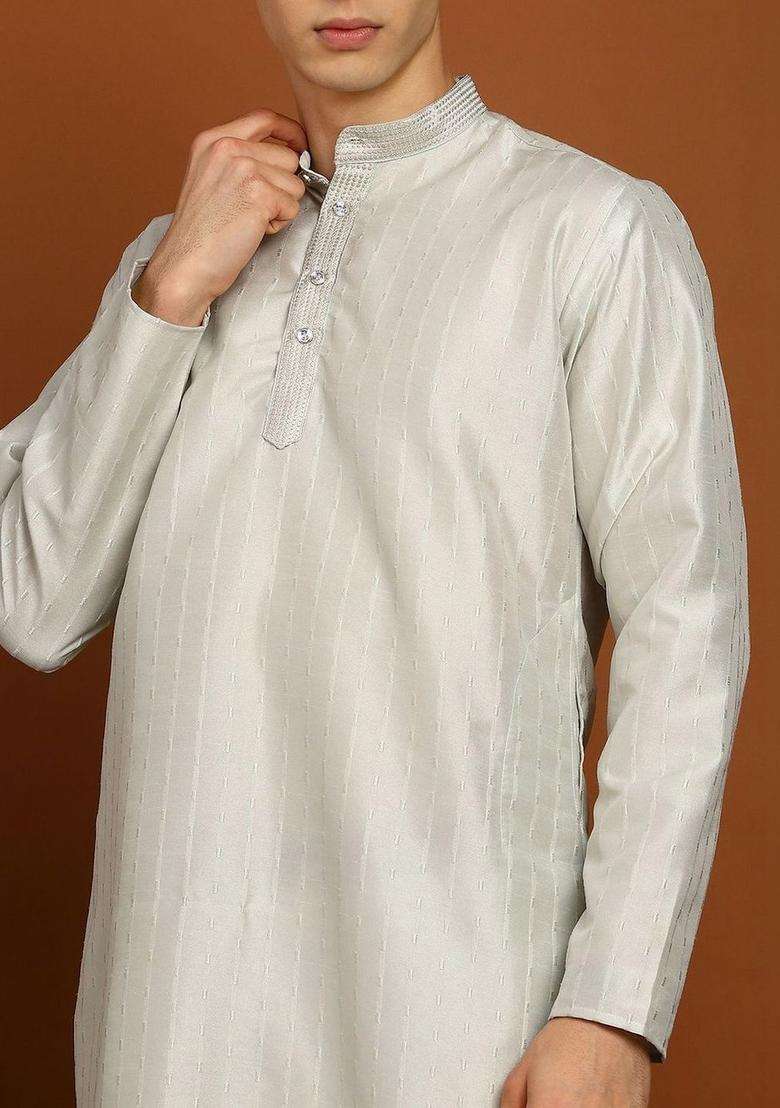 Grey Woven Design Silk Blend Kurta Set For Men - Indya