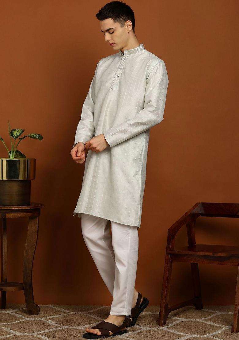 Grey Woven Design Silk Blend Kurta Set For Men - Indya