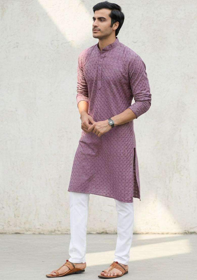 Purple Self Design Cotton Kurta Set For Men - Indya