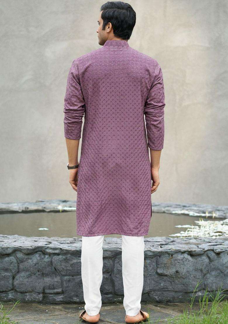 Purple Self Design Cotton Kurta Set For Men - Indya