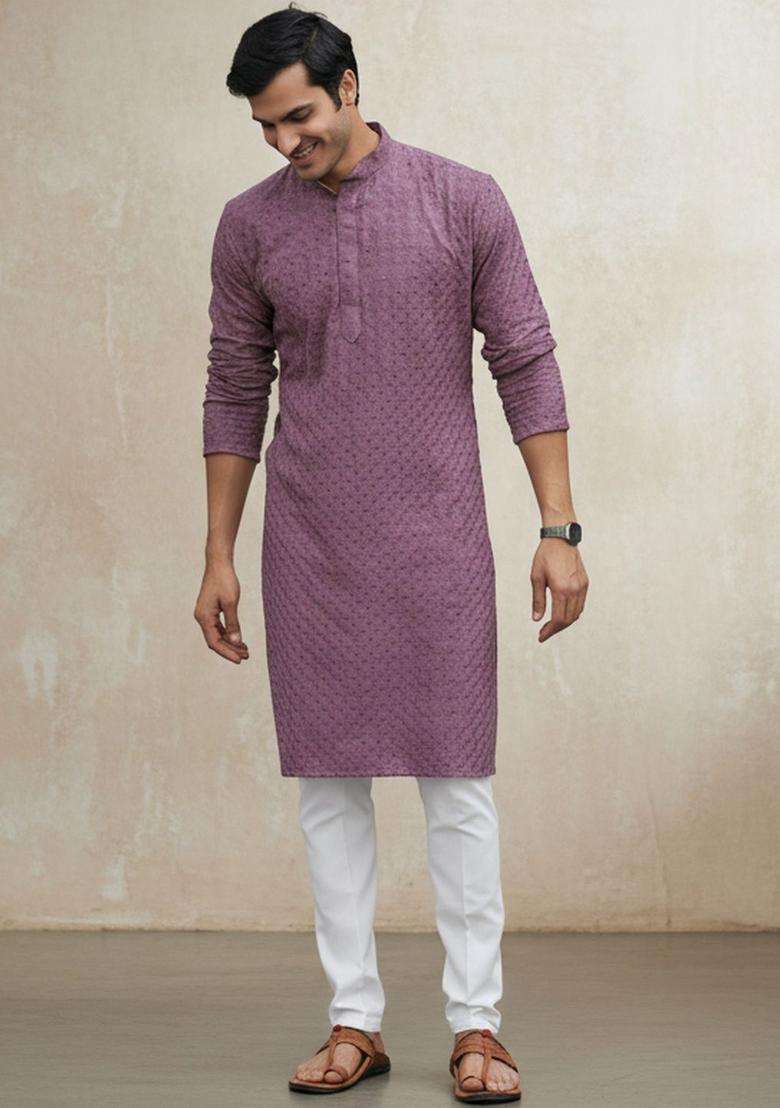 Purple Self Design Cotton Kurta Set For Men - Indya