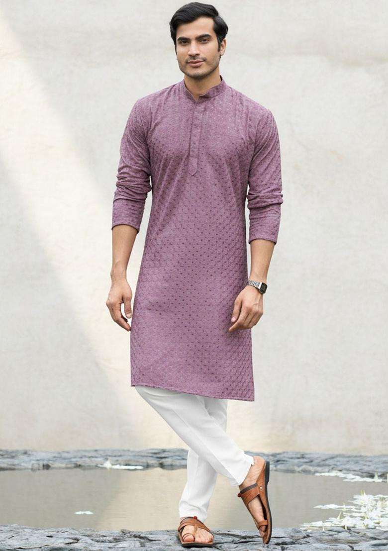 Purple Self Design Cotton Kurta Set For Men - Indya