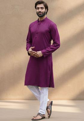 Purple Self Design Cotton Kurta Set For Men