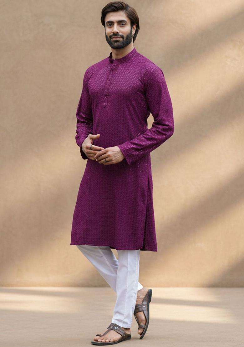 Purple Self Design Cotton Kurta Set For Men - Indya