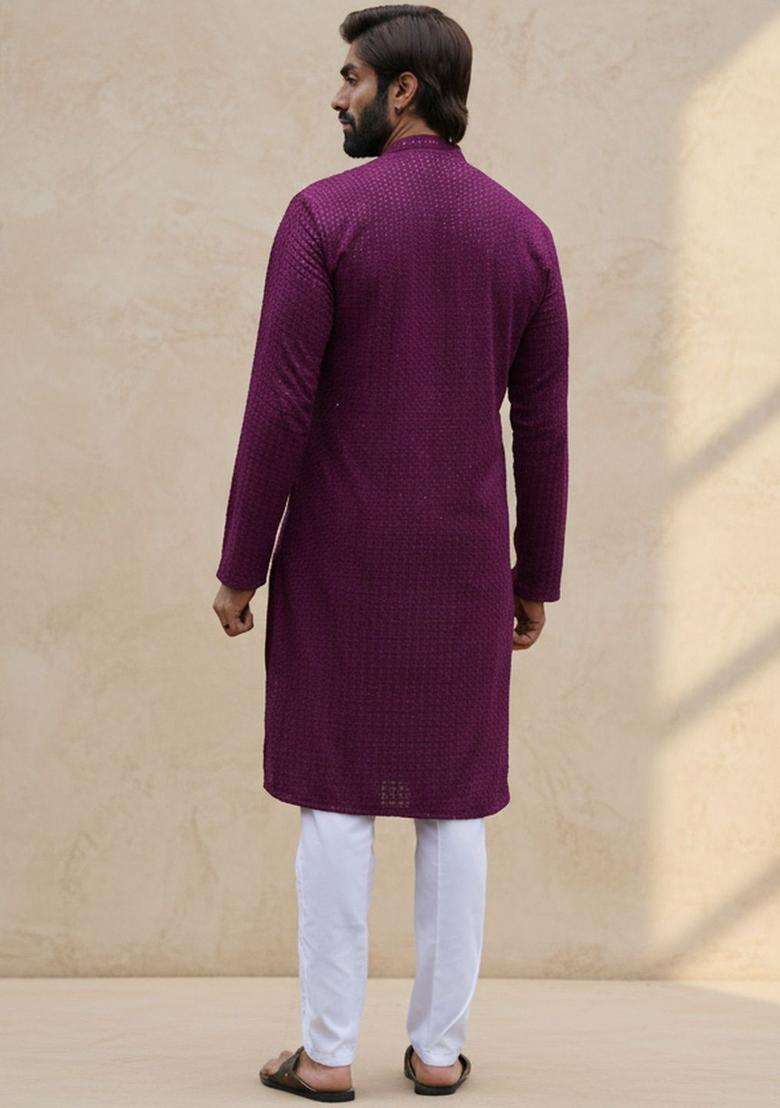 Purple Self Design Cotton Kurta Set For Men - Indya