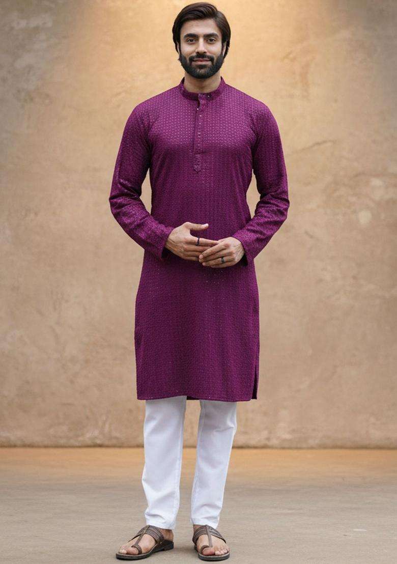 Purple Self Design Cotton Kurta Set For Men - Indya