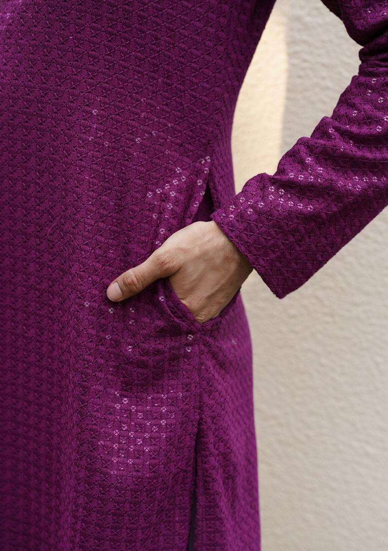 Purple Self Design Cotton Kurta Set For Men - Indya