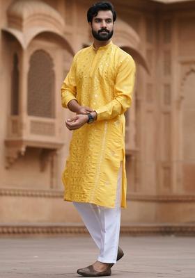 Yellow Embroidered Silk Kurta Set For Men