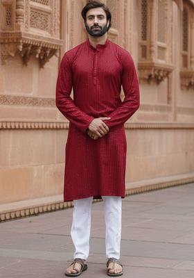Maroon Self Design Cotton Kurta Set For Men