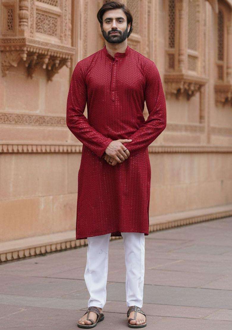 Maroon Self Design Cotton Kurta Set For Men - Indya