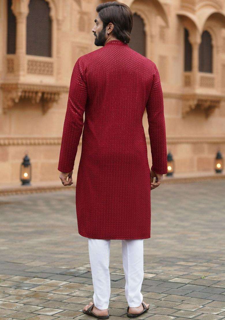 Maroon Self Design Cotton Kurta Set For Men - Indya