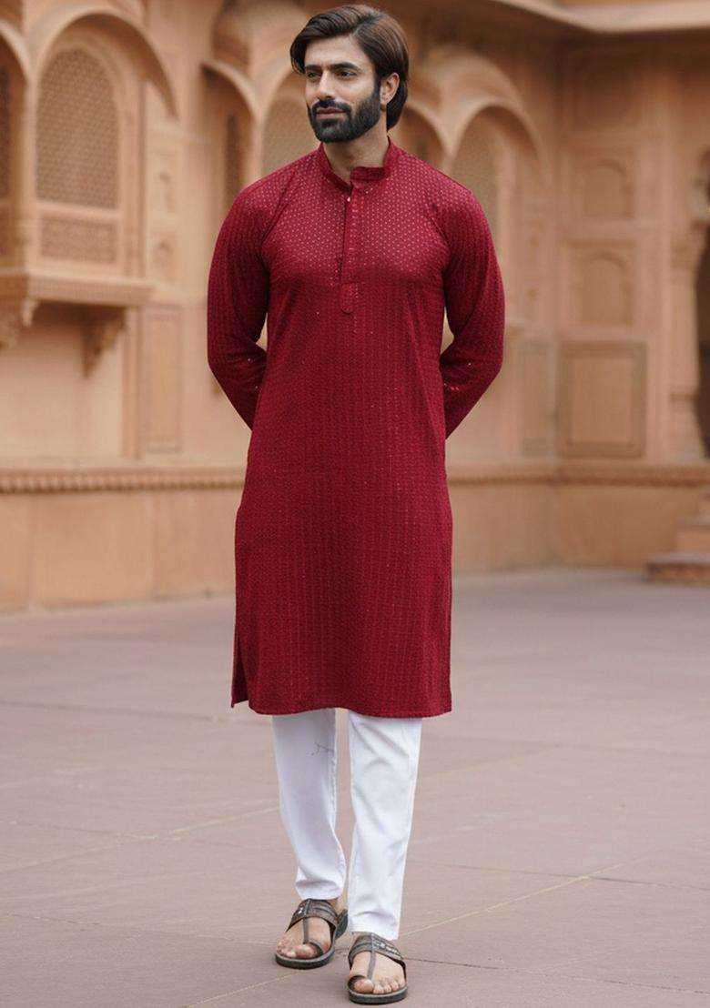 Maroon Self Design Cotton Kurta Set For Men - Indya