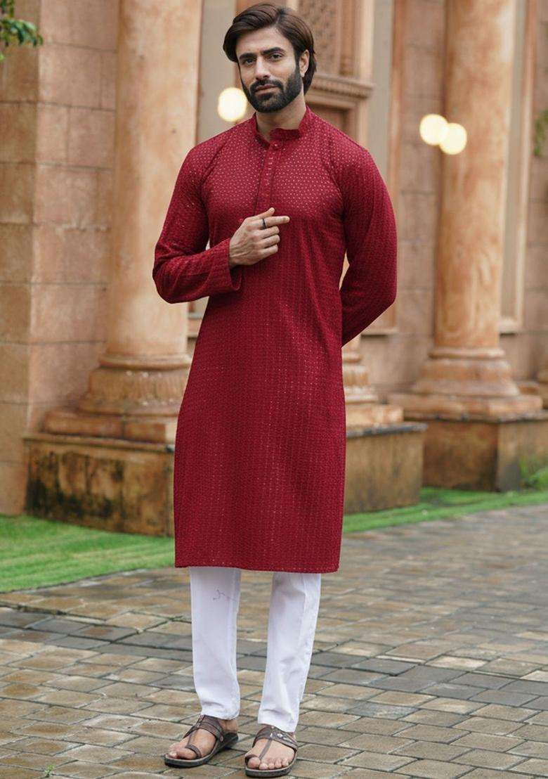 Maroon Self Design Cotton Kurta Set For Men - Indya